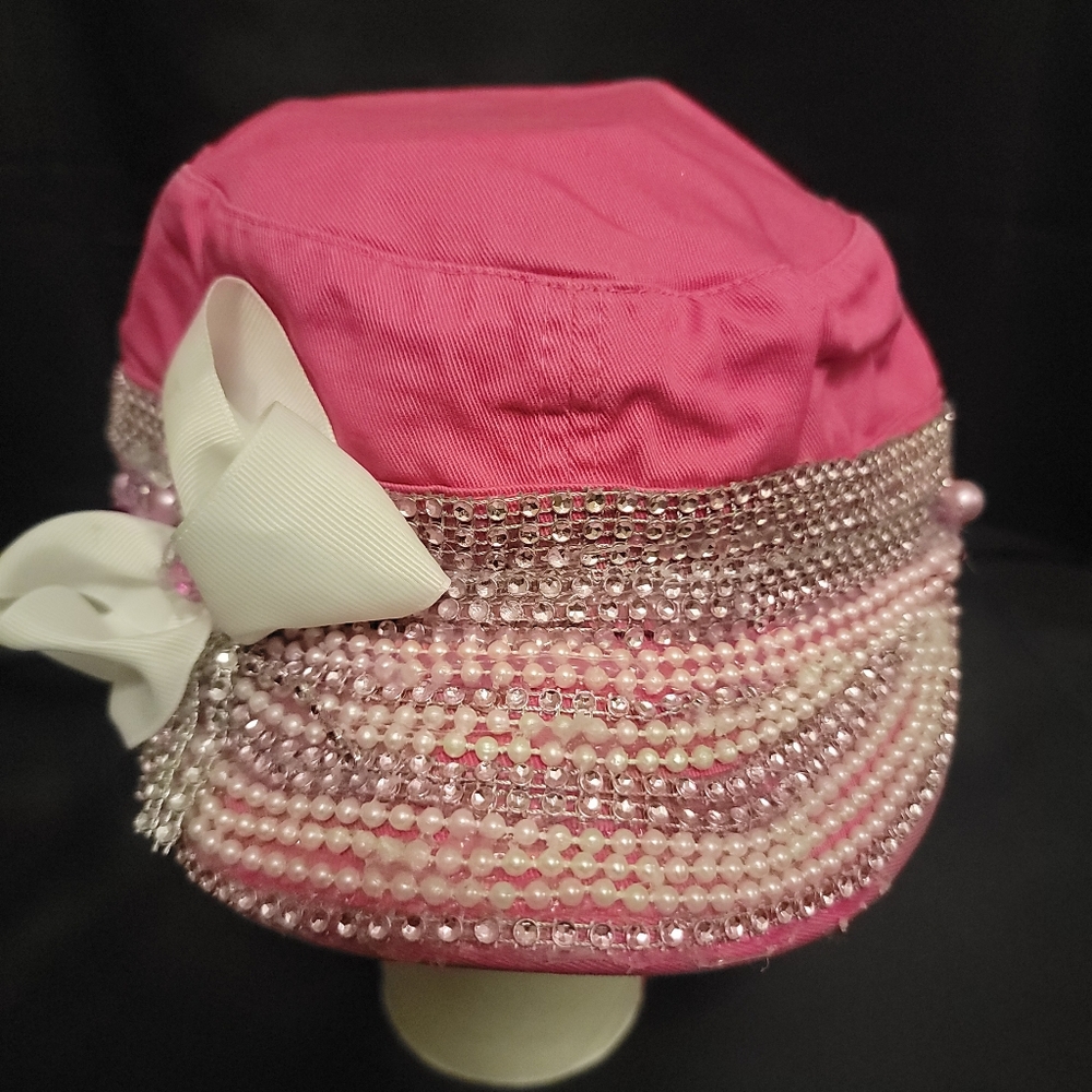 SKY Cap For Girls, One Size, Pink, With a White Bow On One Side And White Pearls